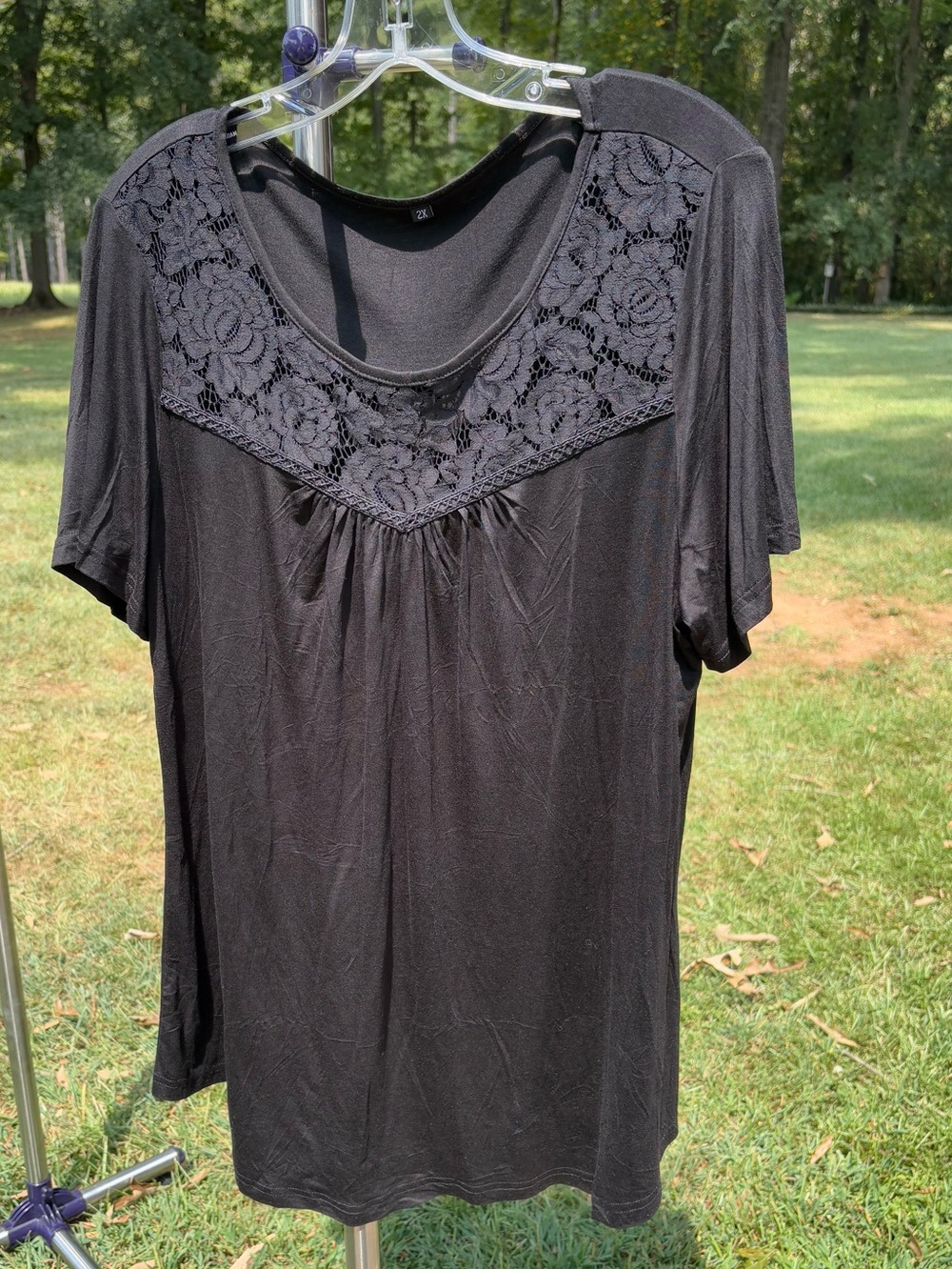 Women's Black Short-Sleeve Top with Lace Yoke Size 2X
